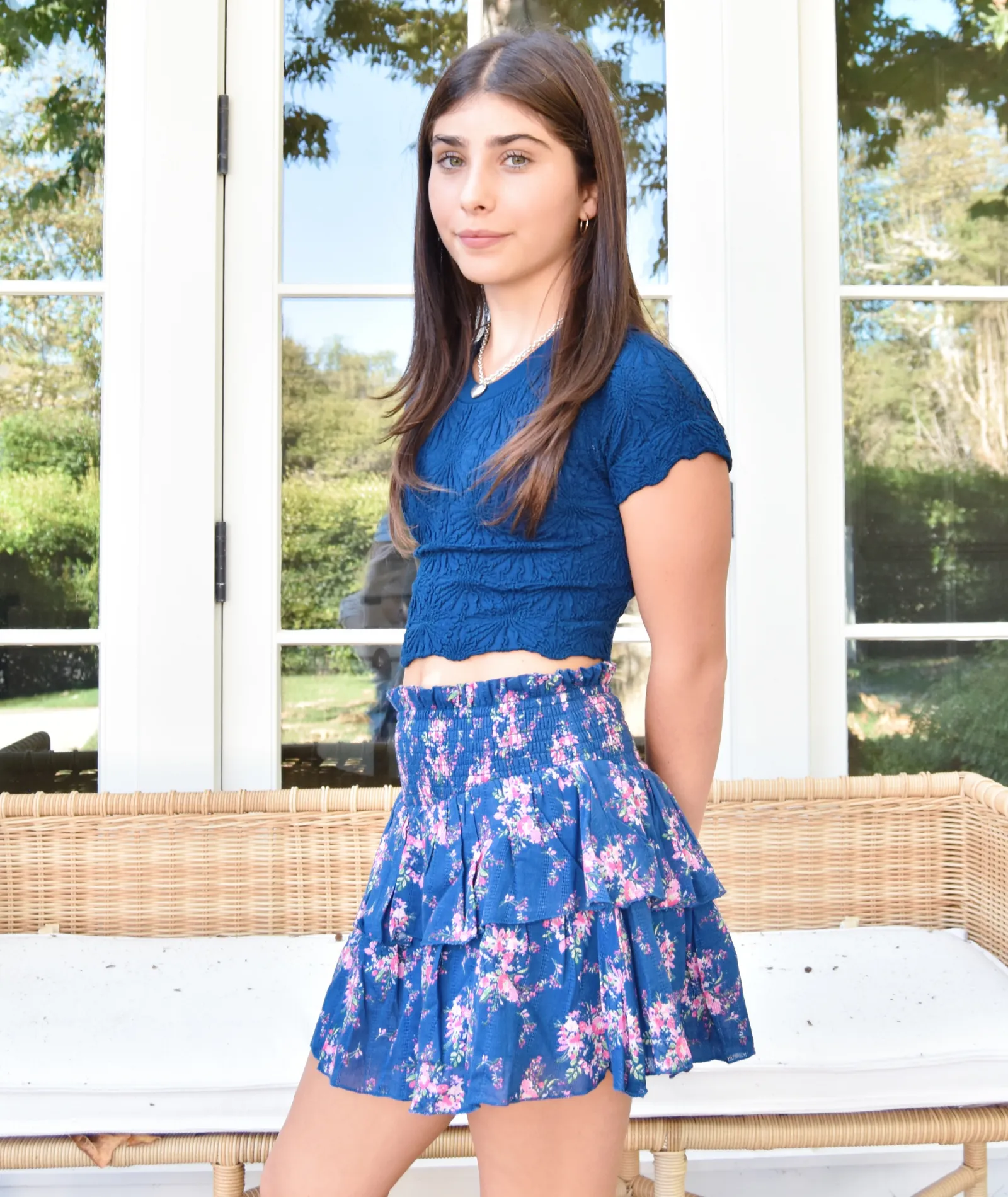 Katie J NYC Girls Evening Blue Bouquet Floral Brooke Skirt