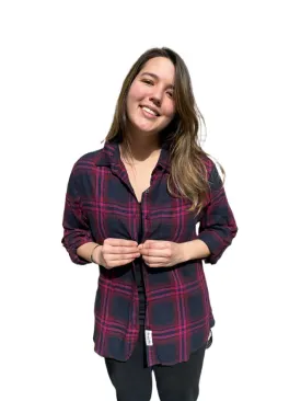 Ladies Long Sleeve, Cotton Twill Plaid, Roll Tab Sleeve Shirt. Navy/Pink. Style 3088