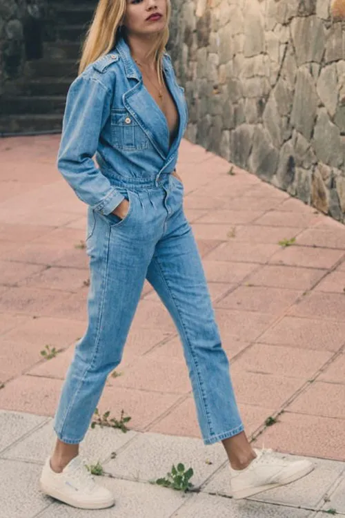 Lapel Pockets Slim Denim Jumpsuit