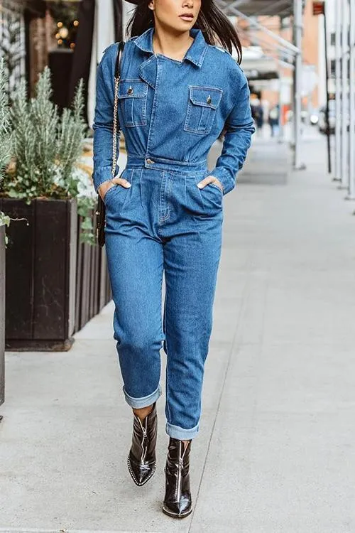 Lapel Pockets Slim Denim Jumpsuit