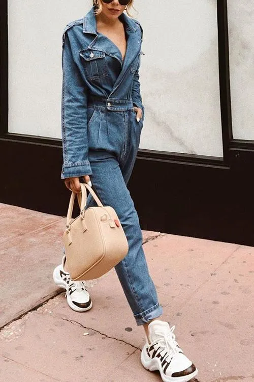 Lapel Pockets Slim Denim Jumpsuit