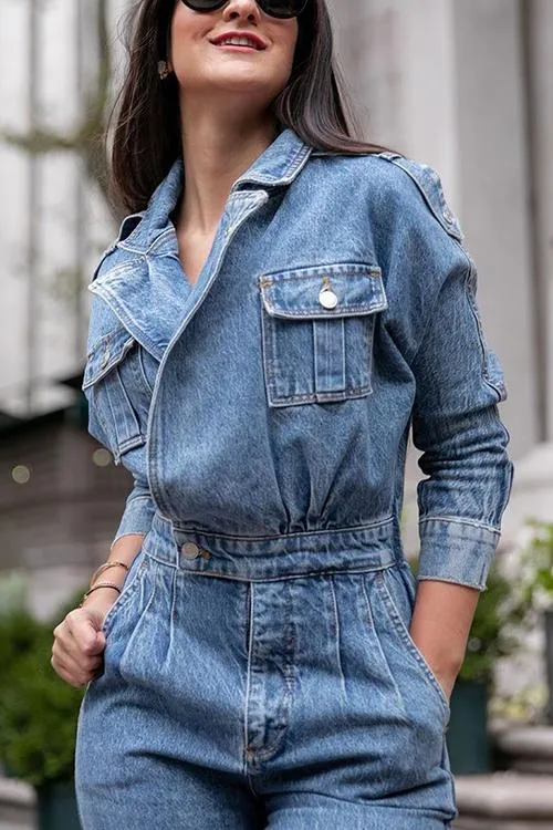 Lapel Pockets Slim Denim Jumpsuit