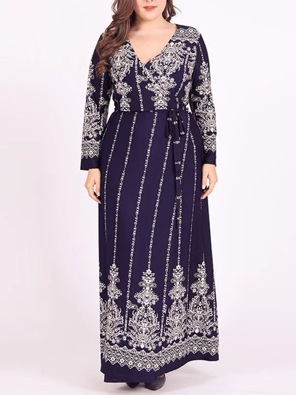 Long Sleeves Floral Printed Split-Joint V-Neck Maxi Dresses Plus Dresses