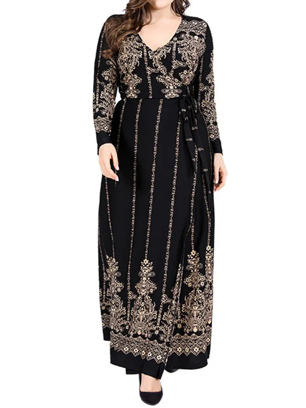 Long Sleeves Floral Printed Split-Joint V-Neck Maxi Dresses Plus Dresses