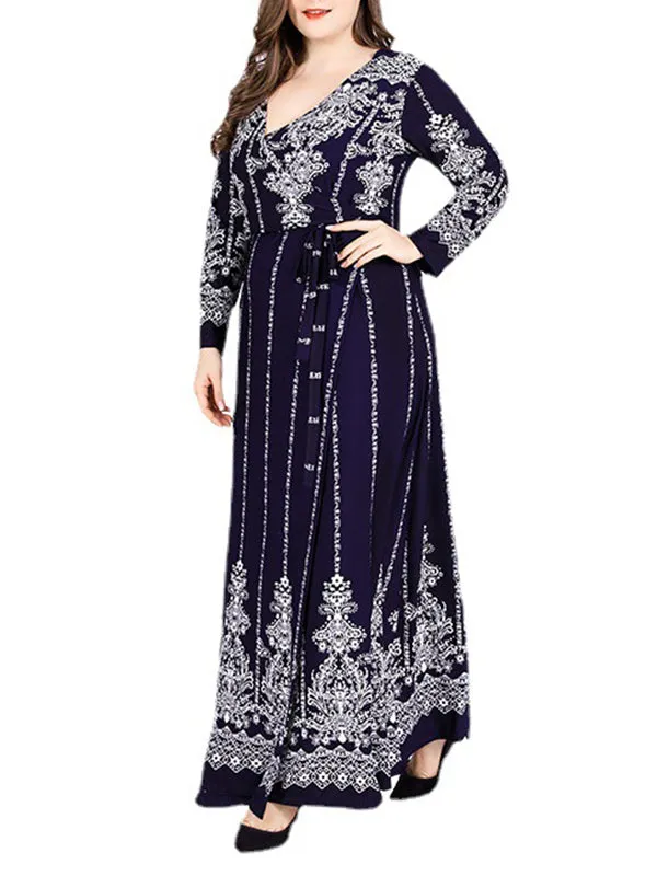 Long Sleeves Floral Printed Split-Joint V-Neck Maxi Dresses Plus Dresses