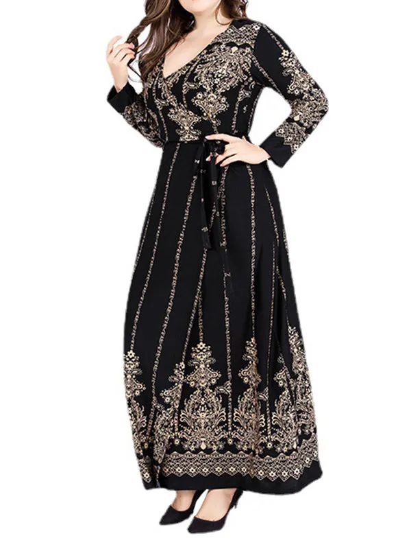 Long Sleeves Floral Printed Split-Joint V-Neck Maxi Dresses Plus Dresses