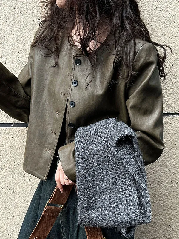 Long Sleeves Loose Buttoned Pockets Round-Neck Jackets