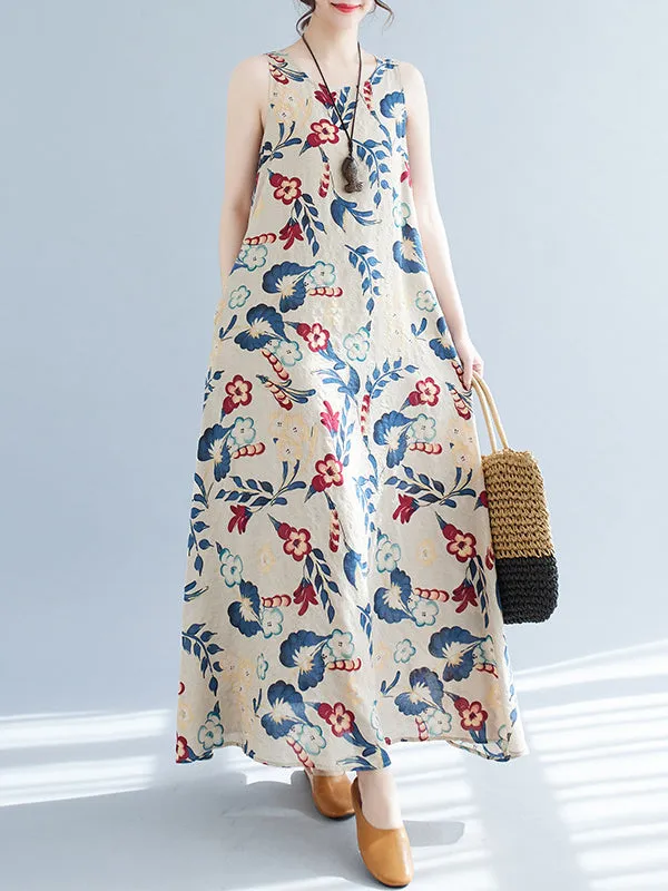 Loose Sleeveless Floral Printed Round-Neck Maxi Dresses