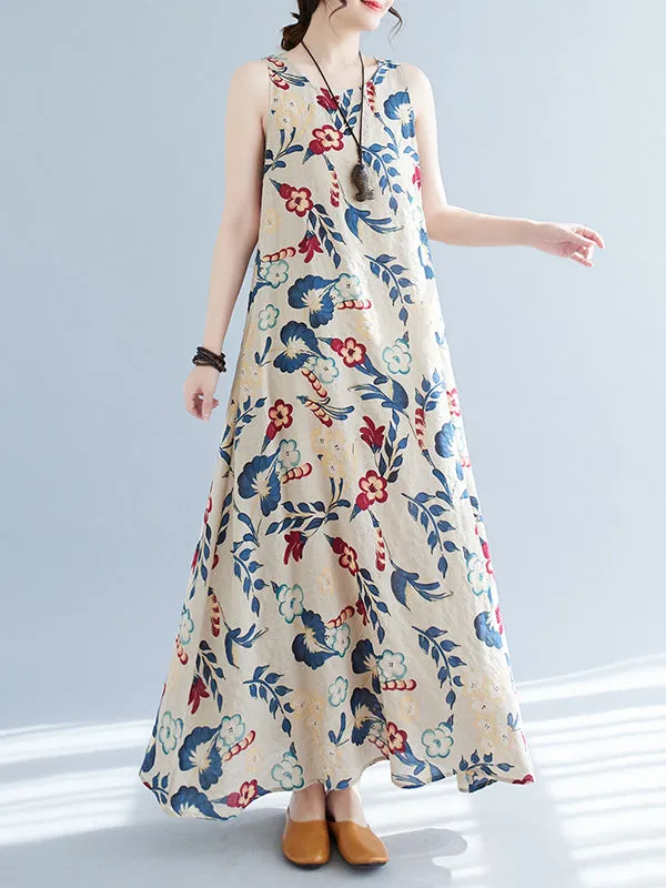 Loose Sleeveless Floral Printed Round-Neck Maxi Dresses