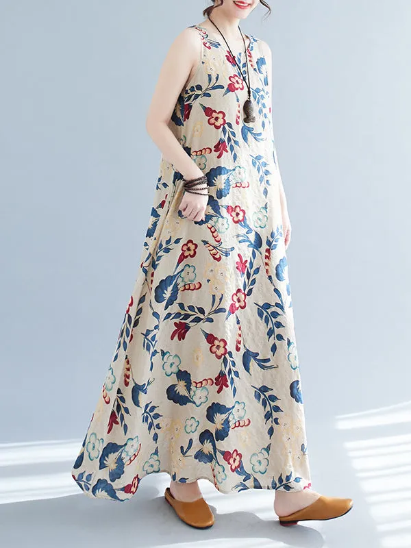 Loose Sleeveless Floral Printed Round-Neck Maxi Dresses