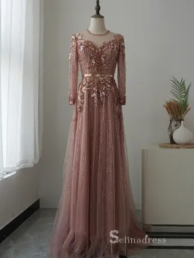 luxury A-line Scoop Long Sleeve Beaded Long Prom Dress Pink Evening Dress MLH0476