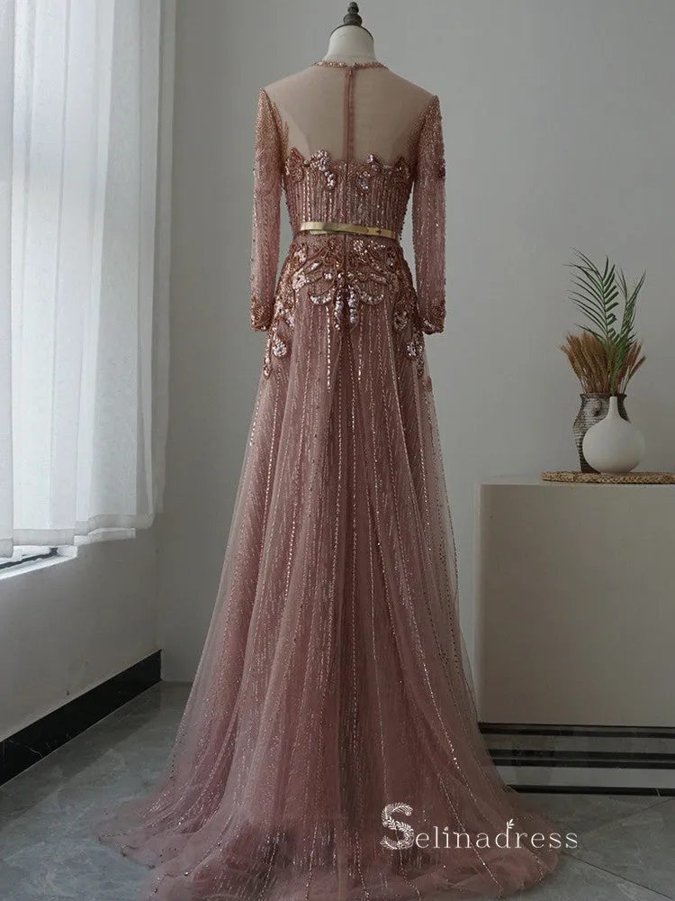 luxury A-line Scoop Long Sleeve Beaded Long Prom Dress Pink Evening Dress MLH0476