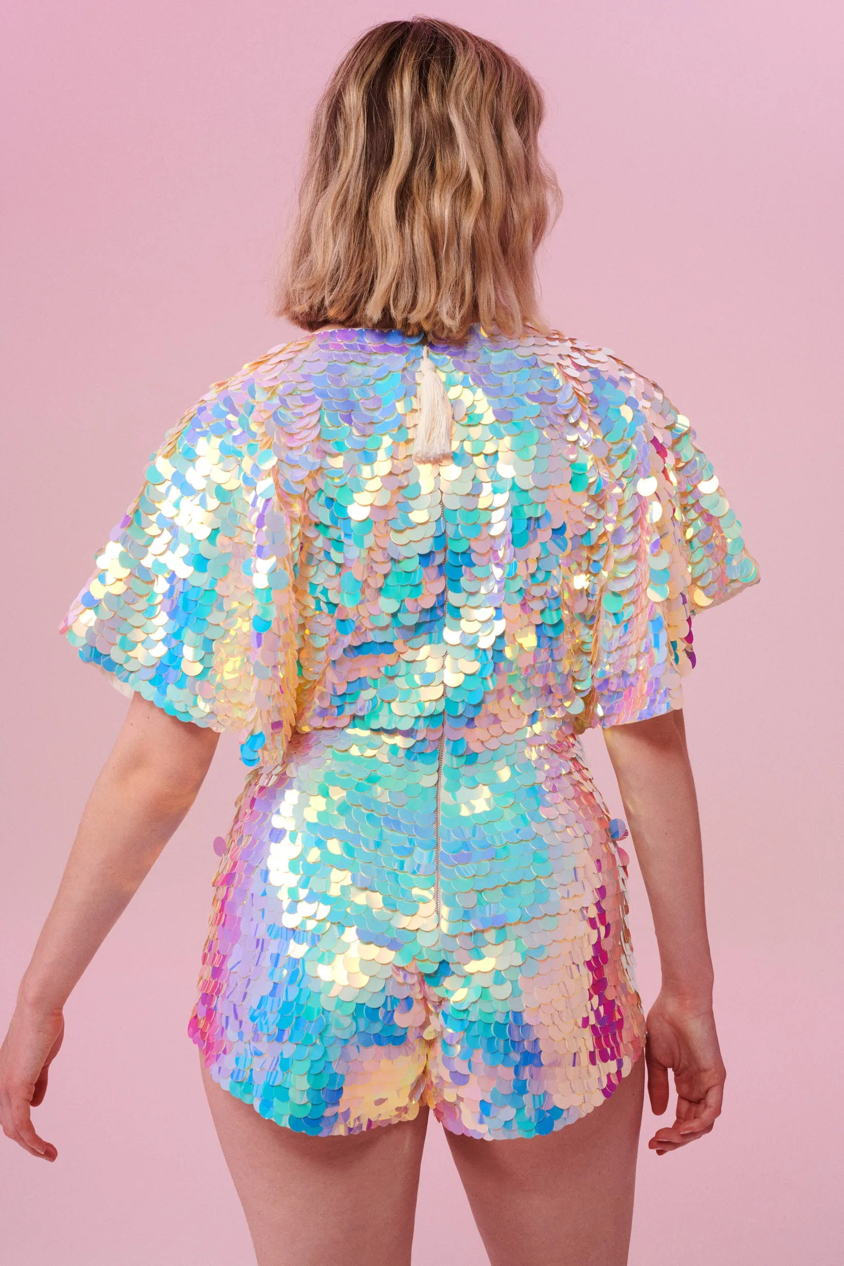 MELLA SEQUIN CAPE PLAYSUIT - OPAL