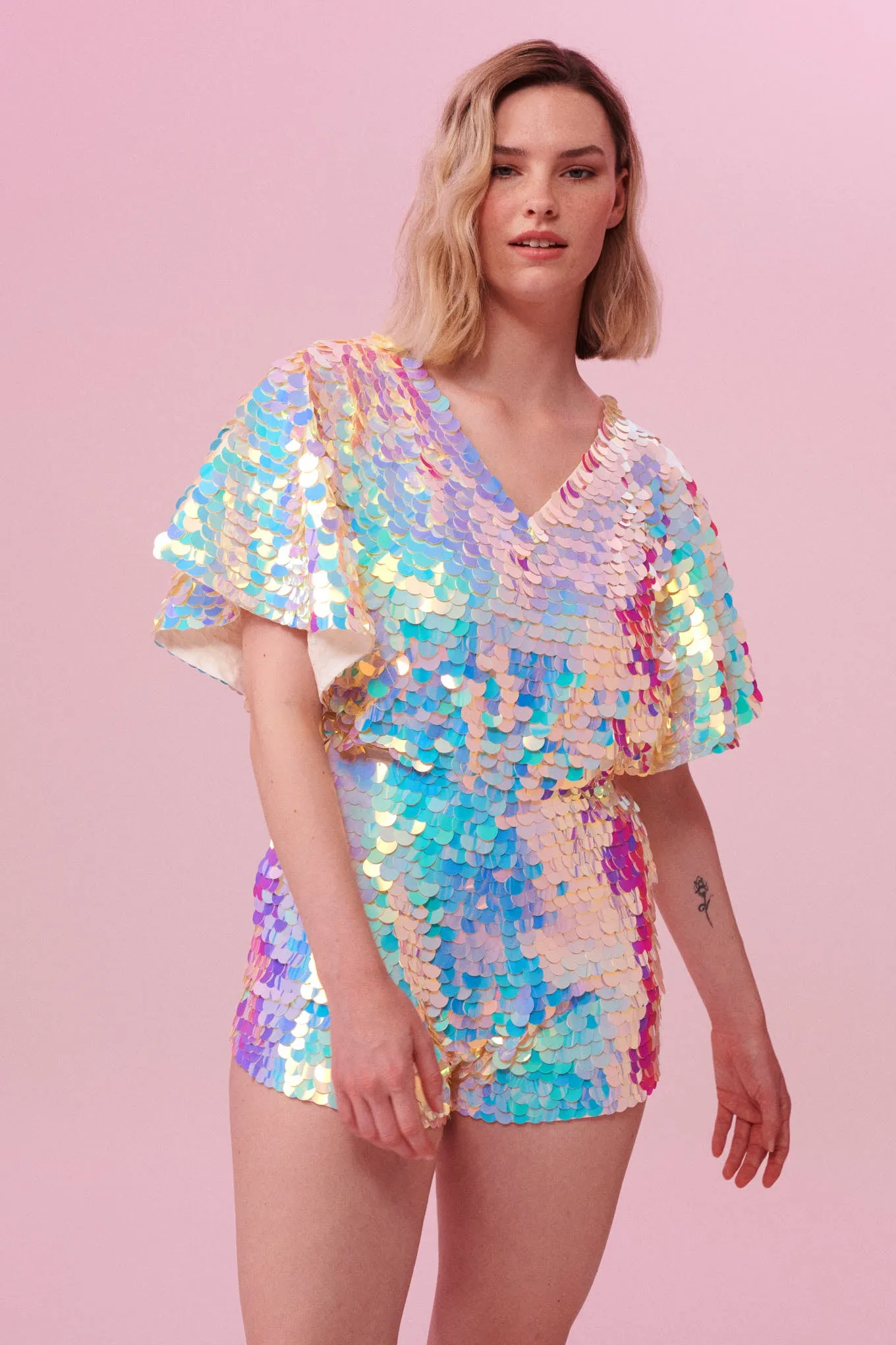 MELLA SEQUIN CAPE PLAYSUIT - OPAL