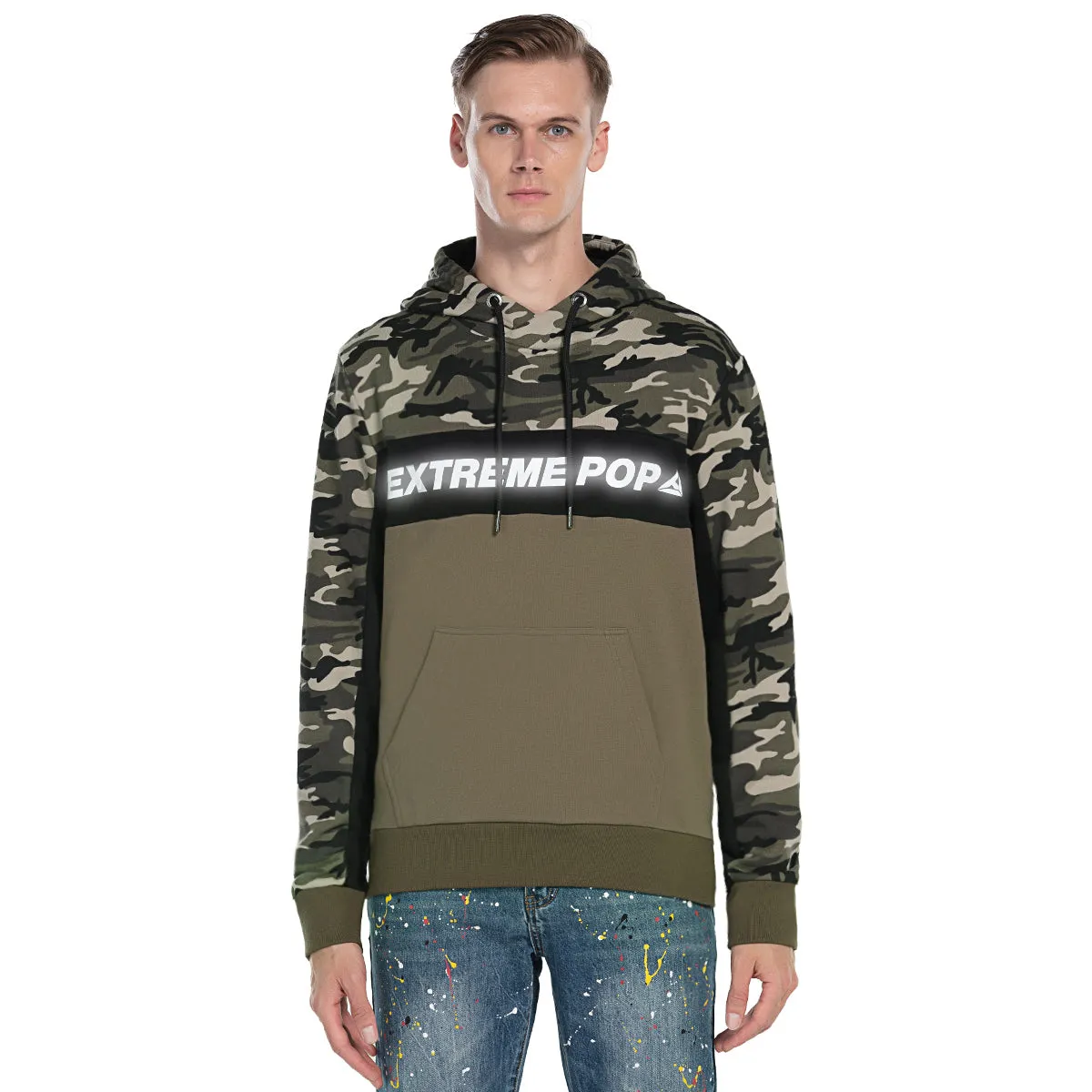 Mens Camo Panel Hooded Sweatshirt Reflective Print size S M L XL