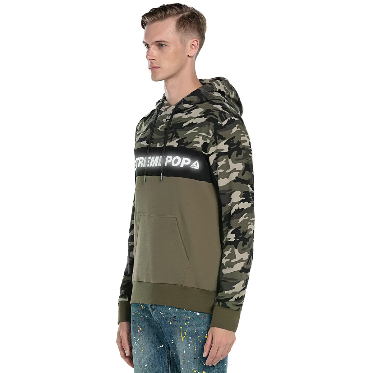 Mens Camo Panel Hooded Sweatshirt Reflective Print size S M L XL