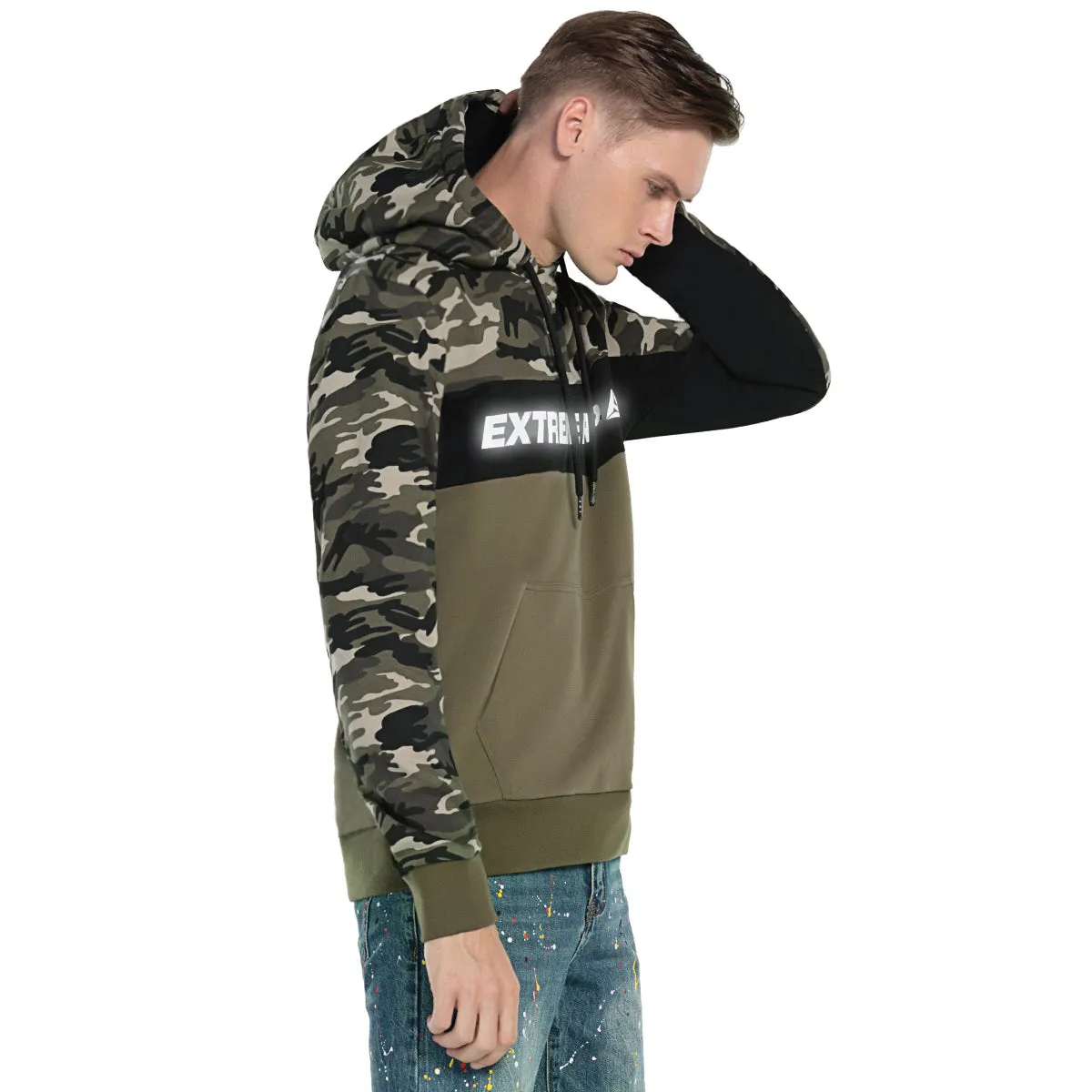 Mens Camo Panel Hooded Sweatshirt Reflective Print size S M L XL