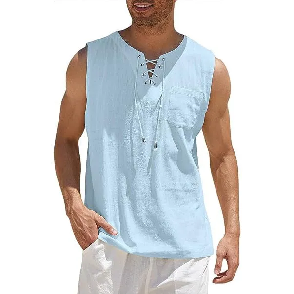 Men's Cotton Linen Tank Top Shirts Casual Sleeveless Lace Up Beach Hippie Tops Bohemian Renaissance Pirate Tunic