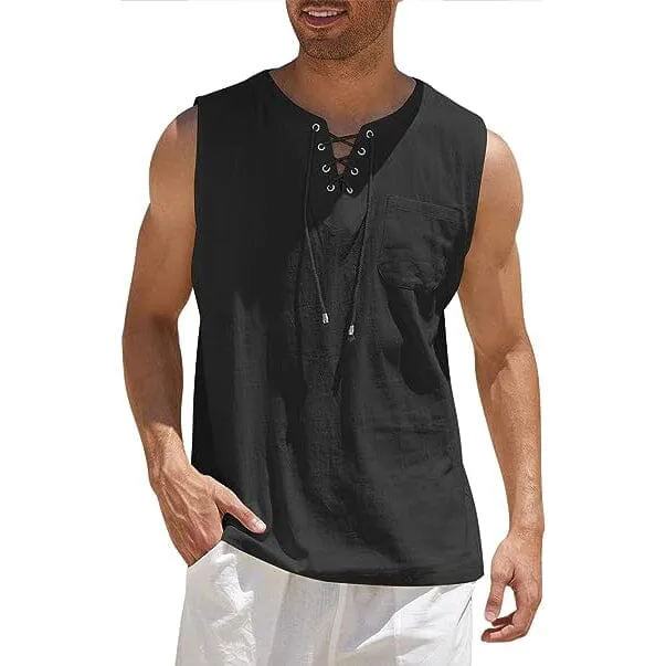 Men's Cotton Linen Tank Top Shirts Casual Sleeveless Lace Up Beach Hippie Tops Bohemian Renaissance Pirate Tunic