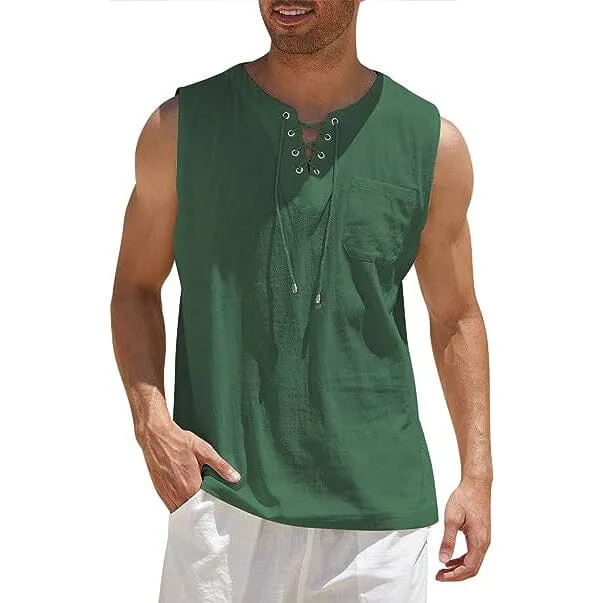 Men's Cotton Linen Tank Top Shirts Casual Sleeveless Lace Up Beach Hippie Tops Bohemian Renaissance Pirate Tunic