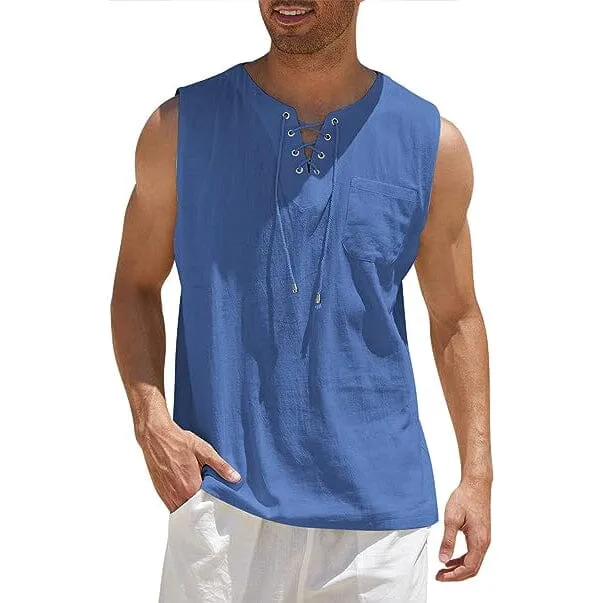 Men's Cotton Linen Tank Top Shirts Casual Sleeveless Lace Up Beach Hippie Tops Bohemian Renaissance Pirate Tunic