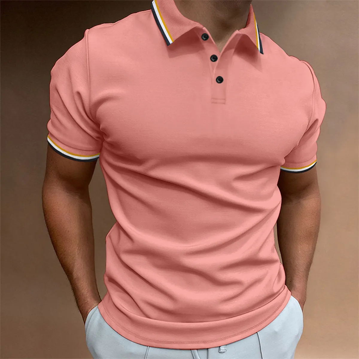 Men's Slim Polo Shirt Rib Striped T-shirt Top Rib Collar Polo short sleeve Tee shirt Cotton Tshirt