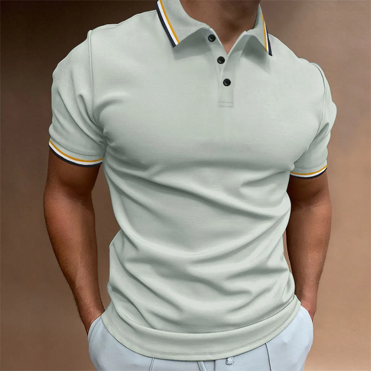 Men's Slim Polo Shirt Rib Striped T-shirt Top Rib Collar Polo short sleeve Tee shirt Cotton Tshirt