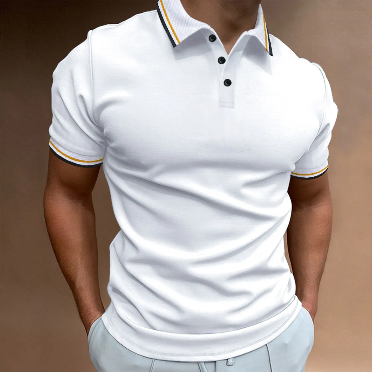 Men's Slim Polo Shirt Rib Striped T-shirt Top Rib Collar Polo short sleeve Tee shirt Cotton Tshirt