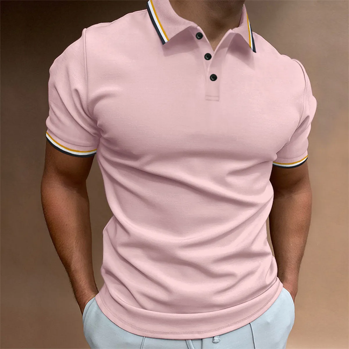 Men's Slim Polo Shirt Rib Striped T-shirt Top Rib Collar Polo short sleeve Tee shirt Cotton Tshirt