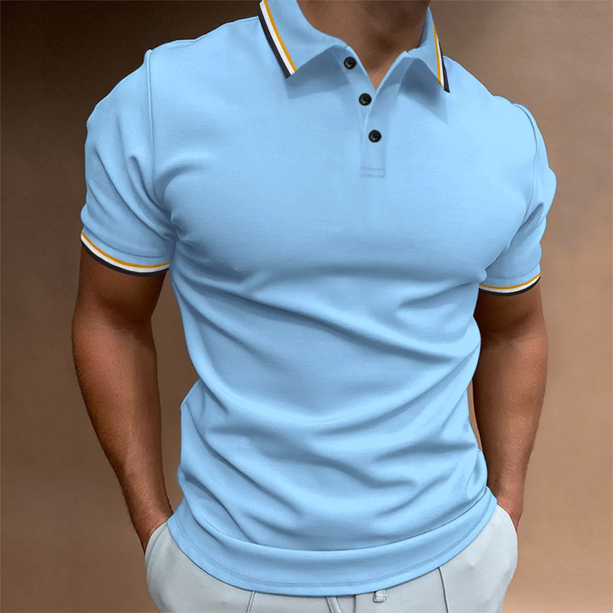 Men's Slim Polo Shirt Rib Striped T-shirt Top Rib Collar Polo short sleeve Tee shirt Cotton Tshirt