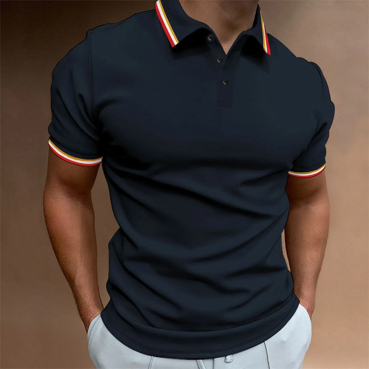 Men's Slim Polo Shirt Rib Striped T-shirt Top Rib Collar Polo short sleeve Tee shirt Cotton Tshirt