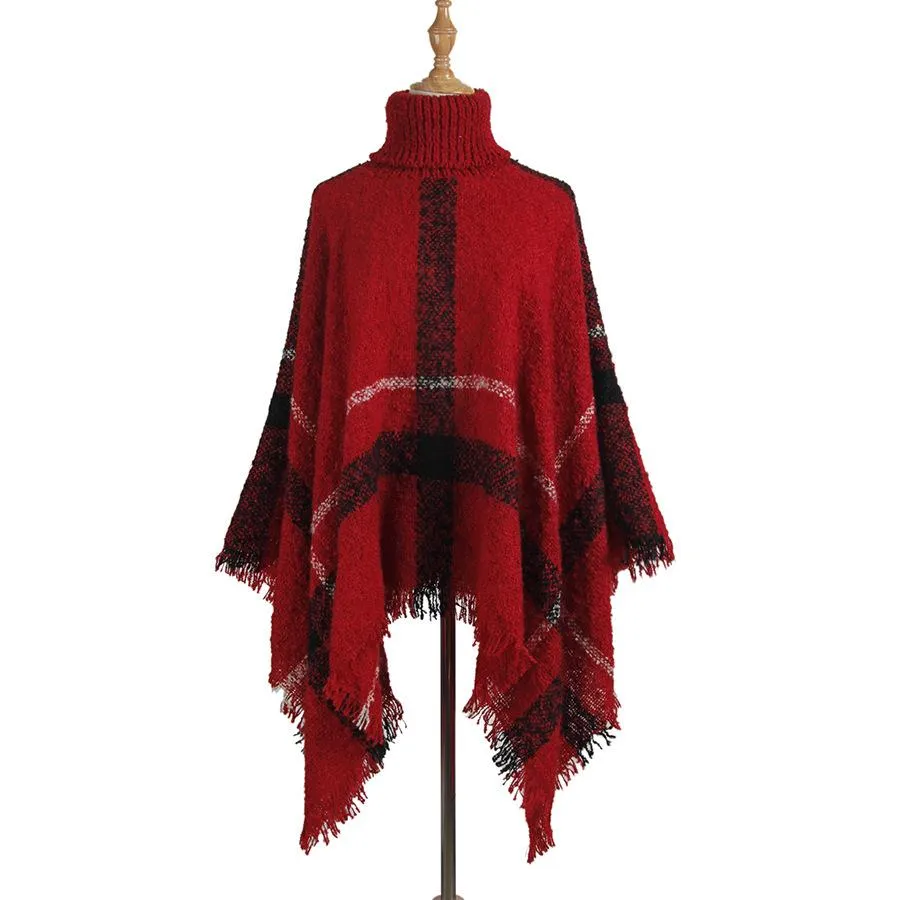 Mid-length high neck tassel cloak shawl loose large size sweater