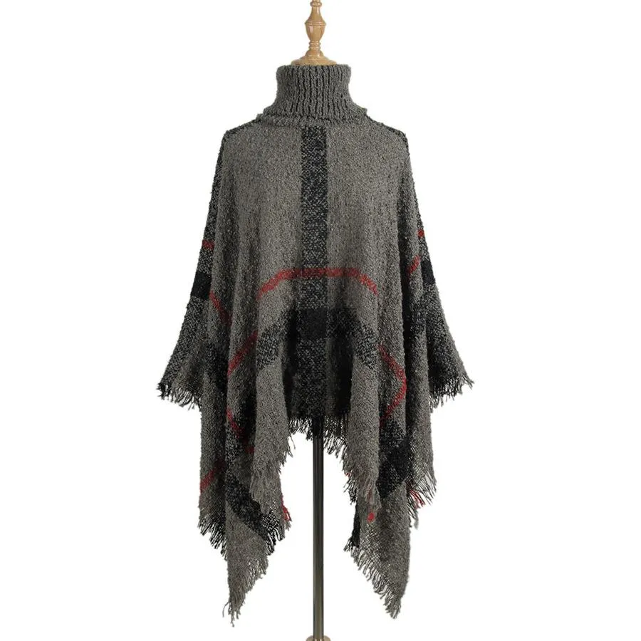 Mid-length high neck tassel cloak shawl loose large size sweater