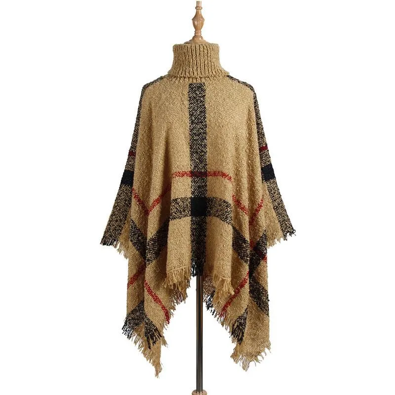 Mid-length high neck tassel cloak shawl loose large size sweater