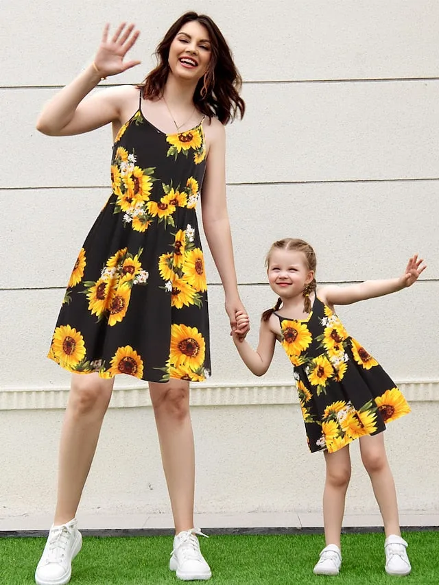 Mommy and Me Dresses Cotton Floral Casual Black Beige Sleeveless Tank Dress Adorable Matching Outfits