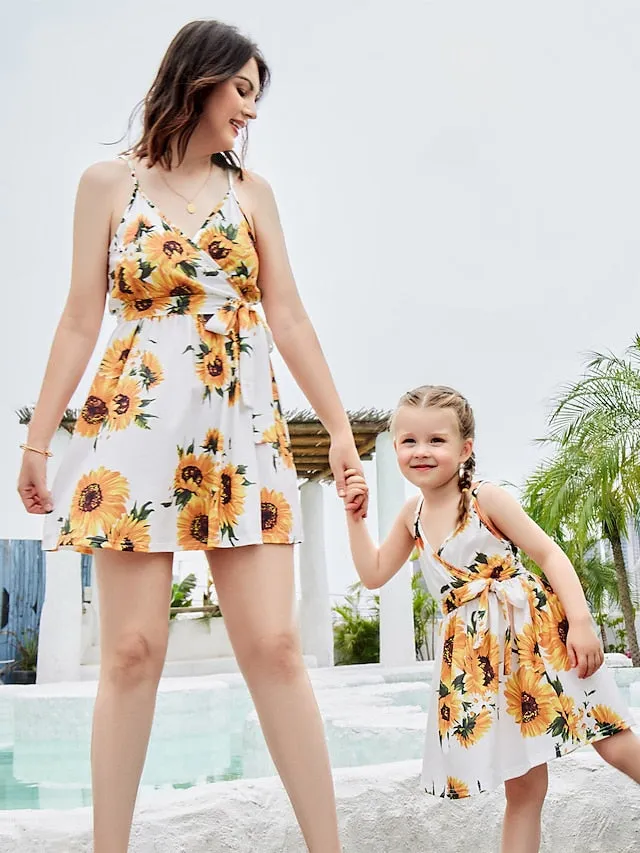 Mommy and Me Dresses Cotton Floral Casual Black Beige Sleeveless Tank Dress Adorable Matching Outfits