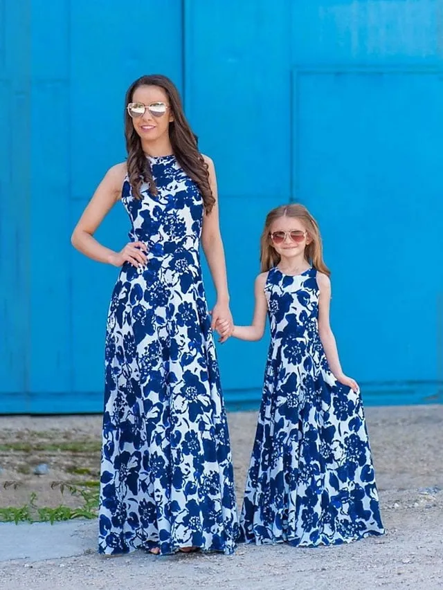 Mommy and Me Dresses Graphic Floral Daily Print Blue Sleeveless Maxi Mommy And Me Outfits Cute Matching Outfits