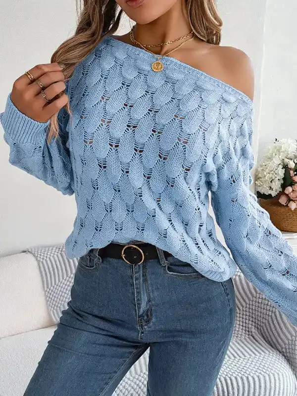 New casual feather hollow one-line collar off-shoulder lantern sleeve sweater