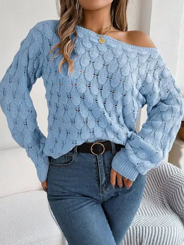 New casual feather hollow one-line collar off-shoulder lantern sleeve sweater