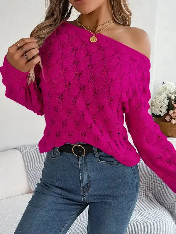 New casual feather hollow one-line collar off-shoulder lantern sleeve sweater