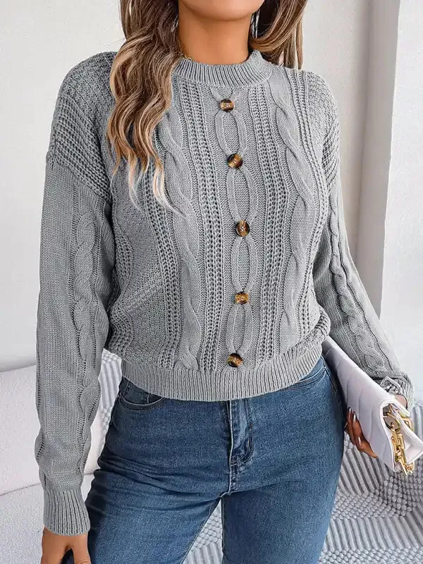 New casual solid color button twist long-sleeved pullover sweater