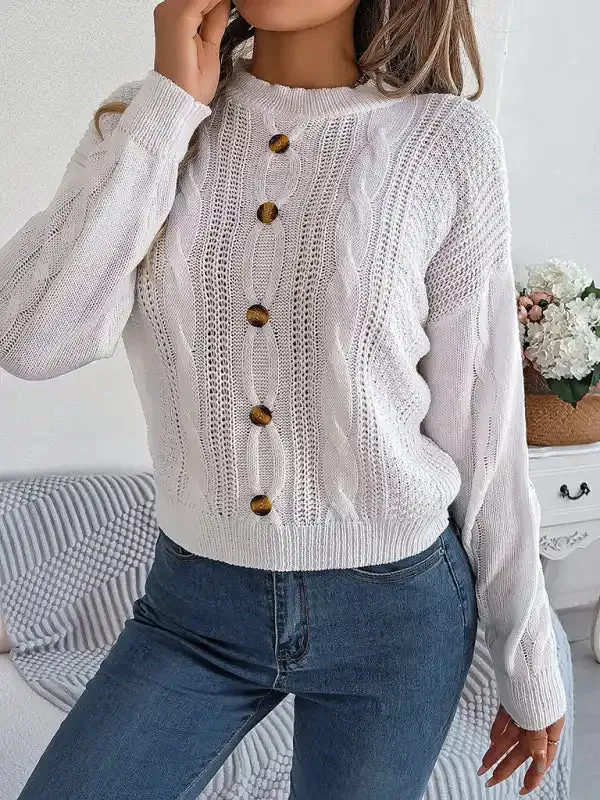 New casual solid color button twist long-sleeved pullover sweater