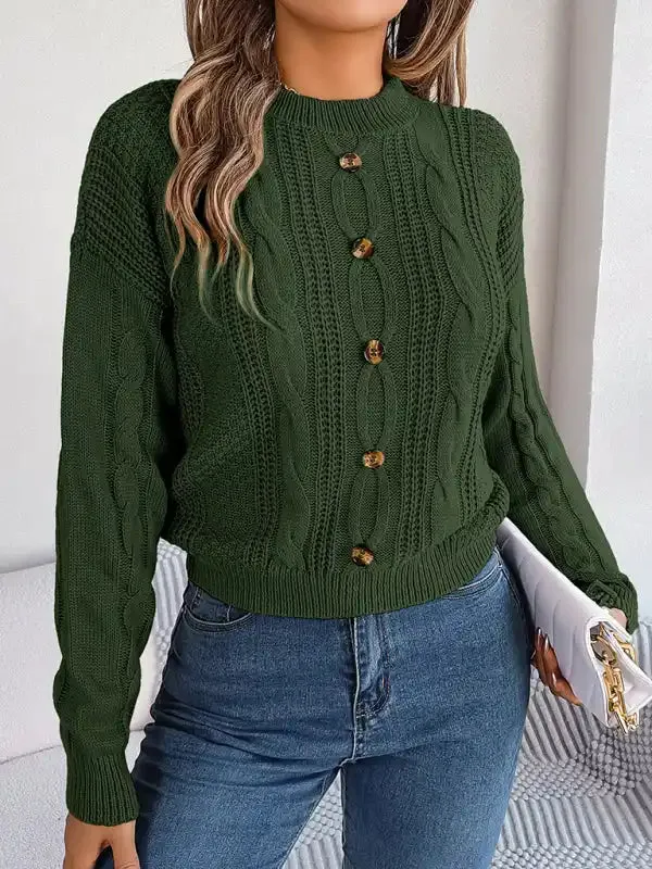 New casual solid color button twist long-sleeved pullover sweater