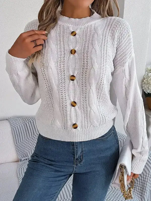 New casual solid color button twist long-sleeved pullover sweater