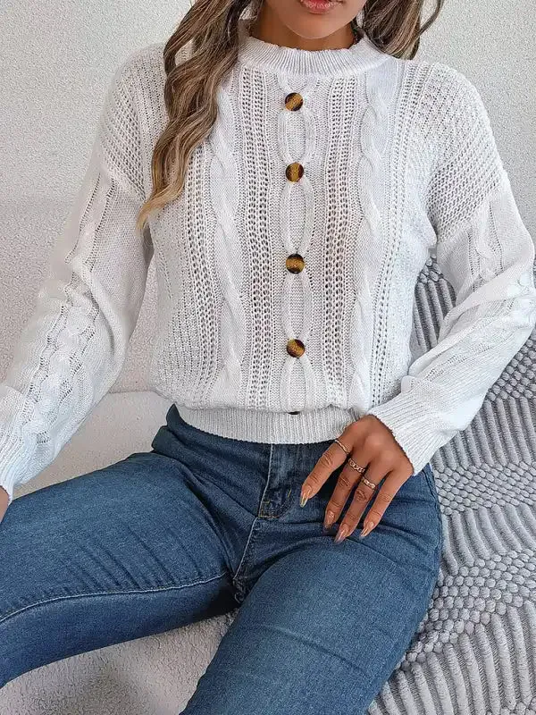 New casual solid color button twist long-sleeved pullover sweater