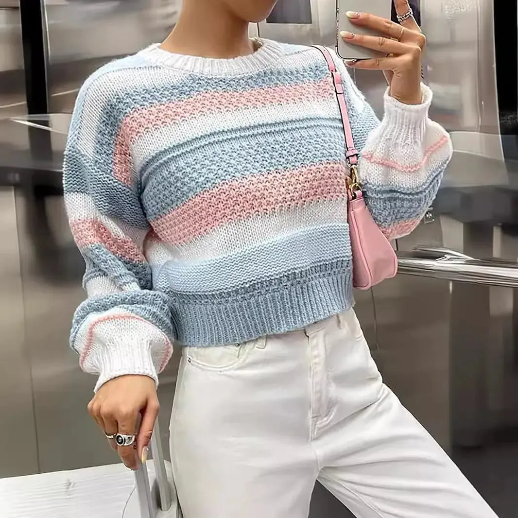 New Contrast Colour Women's Striped Elegant Sweater