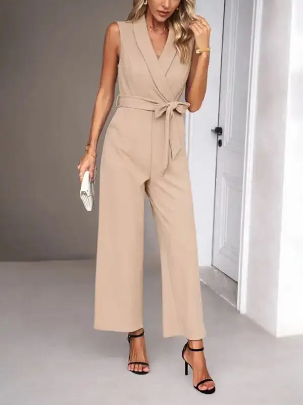 New women’s elegant V-neck tie commuter sleeveless jumpsuit