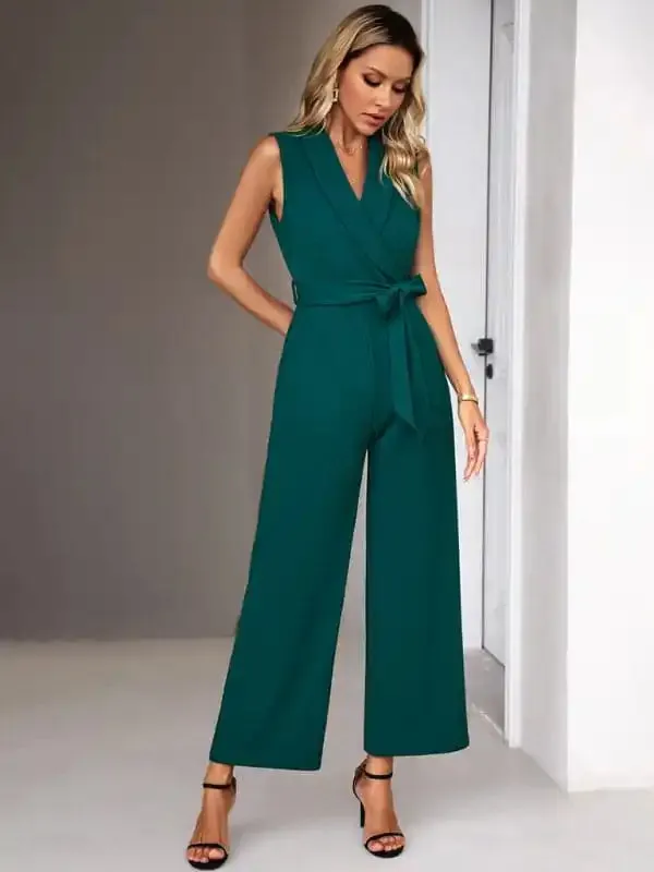 New women’s elegant V-neck tie commuter sleeveless jumpsuit