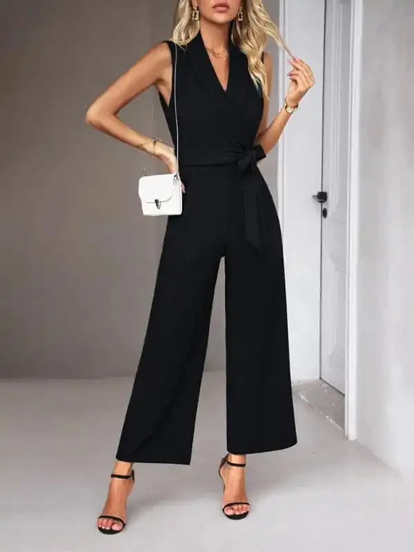 New women’s elegant V-neck tie commuter sleeveless jumpsuit