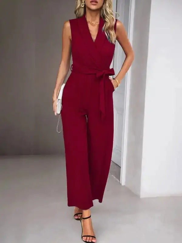 New women’s elegant V-neck tie commuter sleeveless jumpsuit